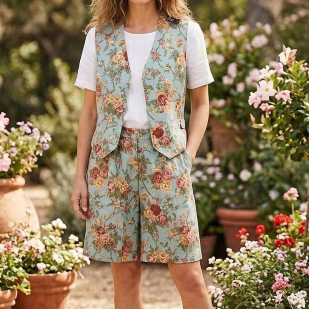 Vintage Lizsport Floral Linen Vest & Shorts Set - Size 16 cottagecore chic lux